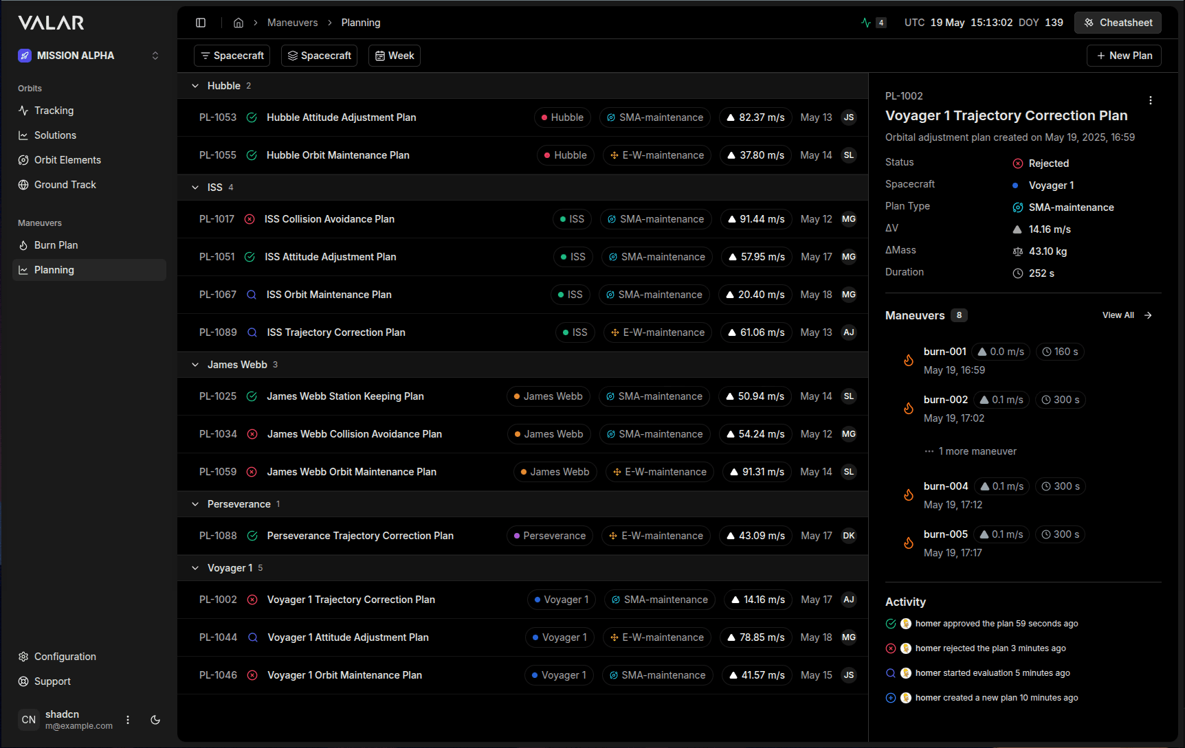 Valar spacecraft management dashboard showing mission plans and maneuvers